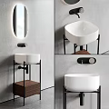 Modern Minimalist Washbasin with White Vessel Black Metal Stand Wooden Base and Round Mirror