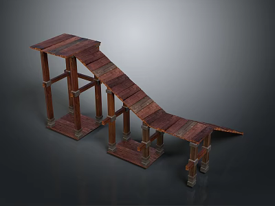 Wooden Multi Level Platform Structure With Sloped Ramp And Pillar Supports 3d model