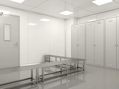 Other Restroom Interior With White Walls Metal Lockers And Bench Under Bright Lighting 3d model
