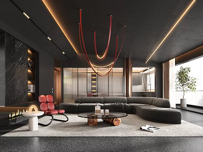 Modern Living Dining Room Interior Design With Red Chandeliers Black Sofa And Red Chair 3d model