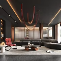 Modern Living Dining Room Interior Design With Red Chandeliers Black Sofa And Red Chair