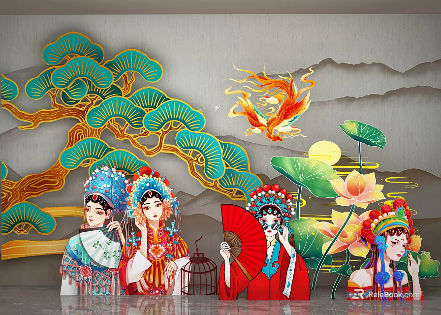 Traditional Chinese Opera Characters With Pine Trees Phoenix Lotus Flowers And Mountains 3d model 