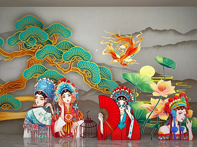 Traditional Chinese Opera Characters With Pine Trees Phoenix Lotus Flowers And Mountains 3d model