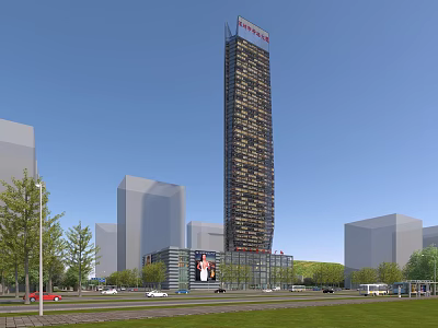 Tall Modern Office Building With Surrounding Buildings Green Lawns Trees And Road Vehicles 3d model