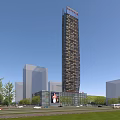 Tall Modern Office Building With Surrounding Buildings Green Lawns Trees And Road Vehicles