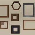 Various Shapes And Colors Picture Frames Hanging On Beige Wall 3d model