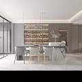 Modern Restaurant Interior Design With Marble Island Counter Pendant Lights And Grey Chairs