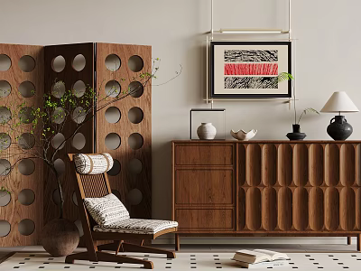 Modern Luxury Entryway Walnut Wood Cabinet And Side Cabinet With Woven Chair Green Plant 3d model