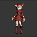 3D Fantasy Character Model With Red Hooded Outfit Yellow Horns Gray Hair And Purple Eyes