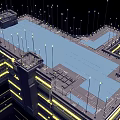 Future Architecture Night View With Illuminated Glass Facades And Water Reflections