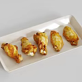 Golden Brown Crispy Roasted Chicken Wings On White Rectangular Plate Five Pieces 3d model