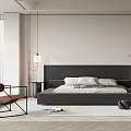 Modern Bedroom Interior Design With Black Headboard Bed Pillows Accent Chair And Pendant Lights