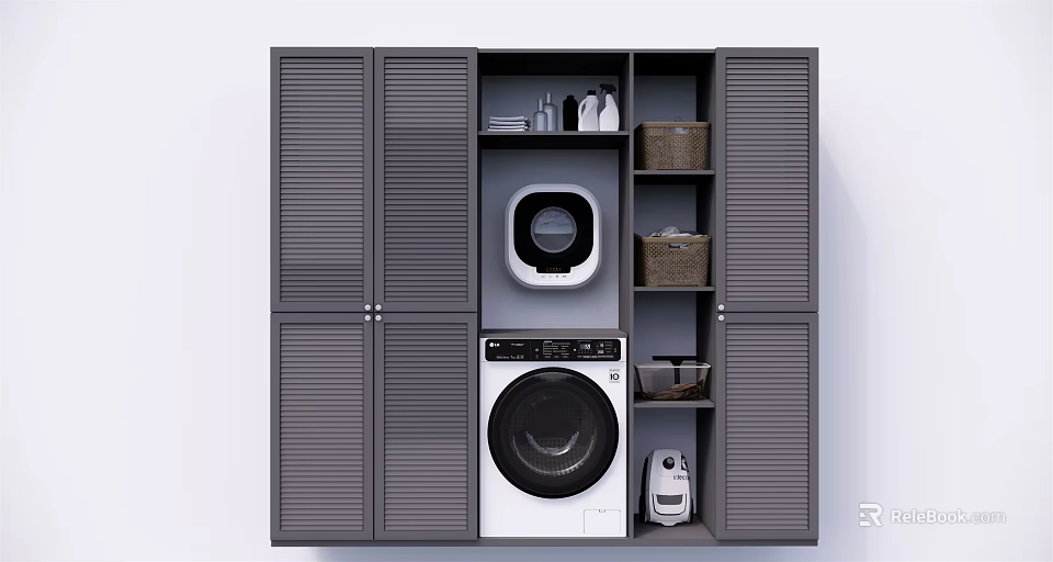 Modern Gray Bathroom Cabinet Frame With Washing Machine Storage Shelves And Baskets 3d model 
