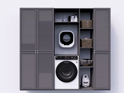 Modern Gray Bathroom Cabinet Frame With Washing Machine Storage Shelves And Baskets 3d model