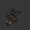 Ancient Sailing Ship with Wooden Hull and Decorative Carvings White Sails Featuring Emblem Design