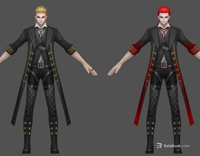 Game And Movie Characters With Blonde Red Hair Black Red Coats Leather Pants Gold Details 3d model