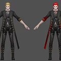 Game And Movie Characters With Blonde Red Hair Black Red Coats Leather Pants Gold Details 3d model