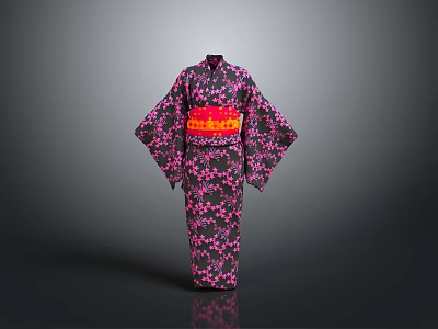 Traditional Japanese Kimono with Pink Cherry Blossom Pattern and Red Obi Belt 3d model