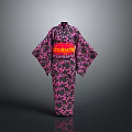 Traditional Japanese Kimono with Pink Cherry Blossom Pattern and Red Obi Belt