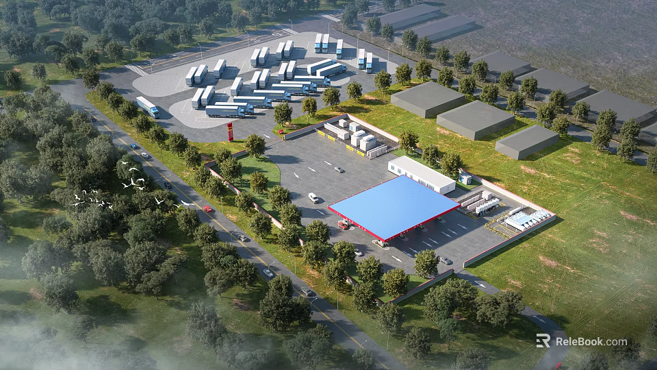 Aerial View Plan of Commercial Zone With Parking Lot Gas Station Buildings Trees and Roads 3d model 
