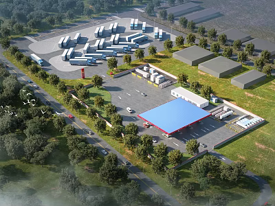Aerial View Plan of Commercial Zone With Parking Lot Gas Station Buildings Trees and Roads 3d model