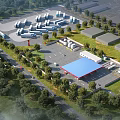 Aerial View Plan of Commercial Zone With Parking Lot Gas Station Buildings Trees and Roads