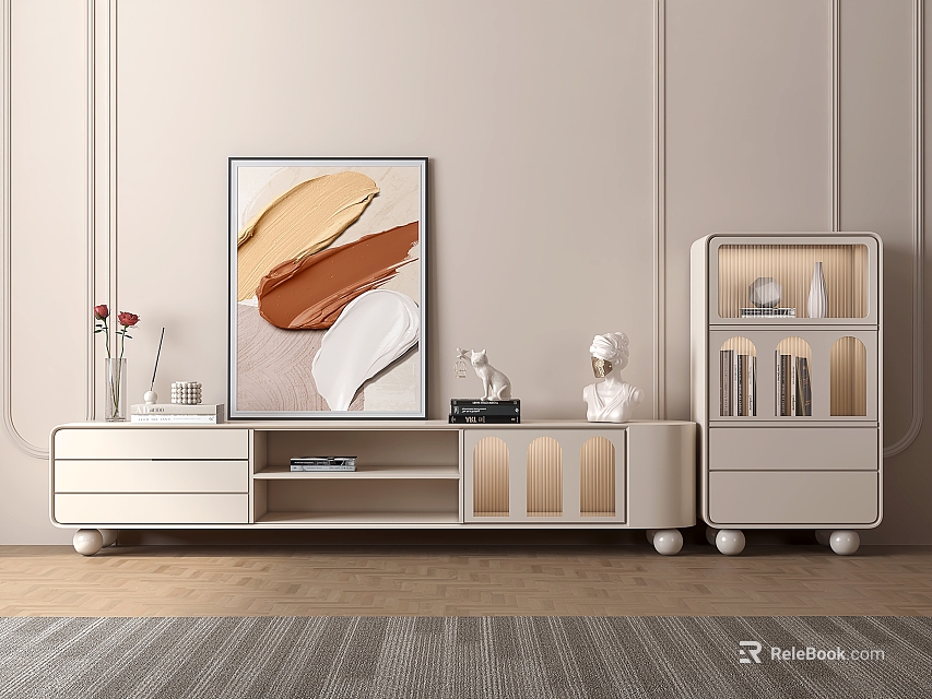 Elegant Modern TV Stand With Decorative Sculptures Vase Abstract Wall Art And Storage Cabinets 3d model 