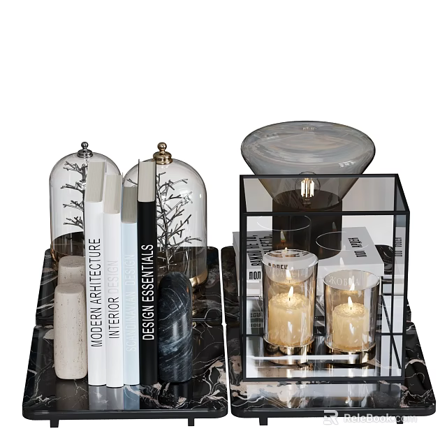 Modern Decorative Ornament Set With Glass Cloches Books Marble Tray And Candle Holders 3d model 
