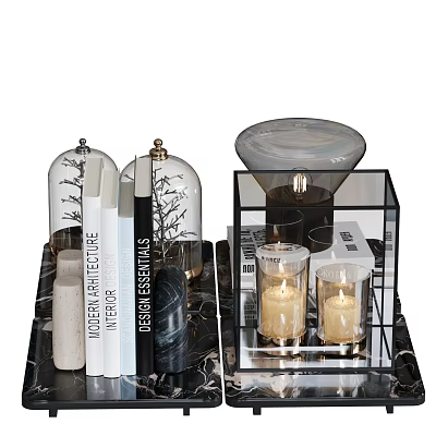 Modern Decorative Ornament Set With Glass Cloches Books Marble Tray And Candle Holders 3d model