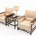 Two Modern Single Sofa with Beige Fabric and Wooden Armrests Side Table and Table Lamp 3d model