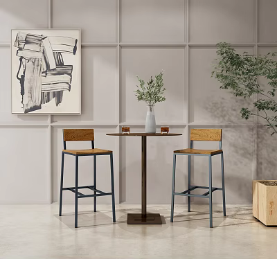 Bar Counter With Round Table Dark Metal Frame High Stools Wooden Backrest Blue Metal Legs 3d model