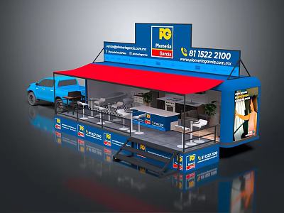Modern Blue Mobile Plumbing Service Vehicle With Red Awning And Tables Chairs 3d model