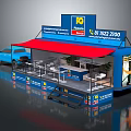 Modern Blue Mobile Plumbing Service Vehicle With Red Awning And Tables Chairs