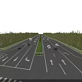 Modern Road Infrastructure Featuring Multi Lane Highway Directional Arrows Green Belt Trees And Vehicles