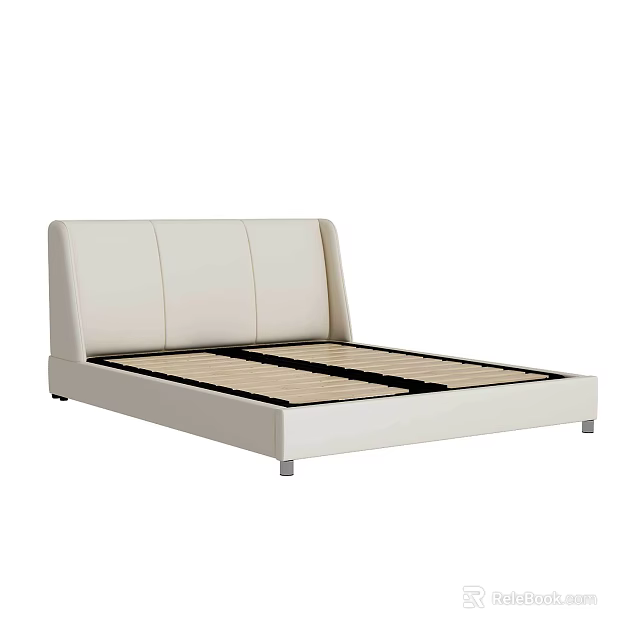 Modern White Leather Double Bed Frame With Stylish Headboard And Wooden Slats 3d model 