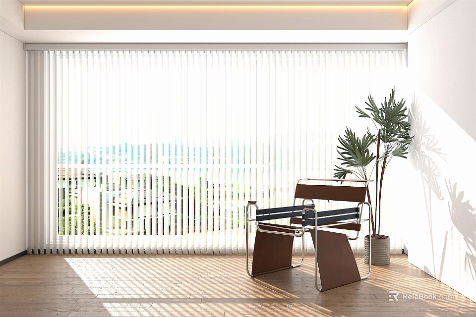 White Vertical Blinds with Natural Sunlight Filtering Sea View Wooden Floor Chair Palm Plant 3d model 