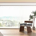 White Vertical Blinds with Natural Sunlight Filtering Sea View Wooden Floor Chair Palm Plant