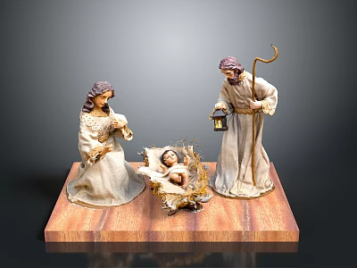 Religious Style Holy Family Virgin Mary St. Joseph Baby Jesus Wooden Base Handheld Lantern Handheld Pastoral Staff Robe swaddling manger 3d model