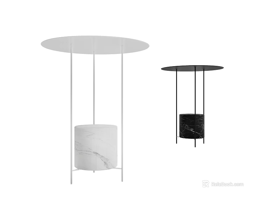 Modern White and Black Side Tables with Round Top and Marble Base 3d model