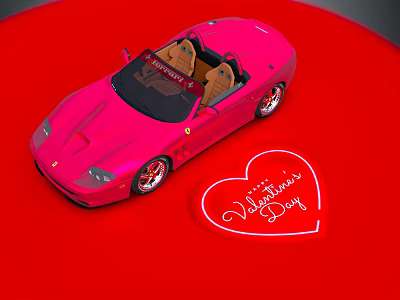 Pink Convertible Sports Car on Red Background with Valentine's Day Heart Decoration 3d model