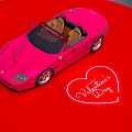 Pink Convertible Sports Car on Red Background with Valentine's Day Heart Decoration