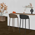 Modern Minimalist Bar Counter Interior With Wooden Top High Stools And Decorative Vase