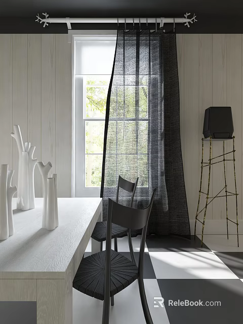 Modern Desk With White Vases Black Chairs Gray Curtains And Black Speaker On Metal Stand 3d model 