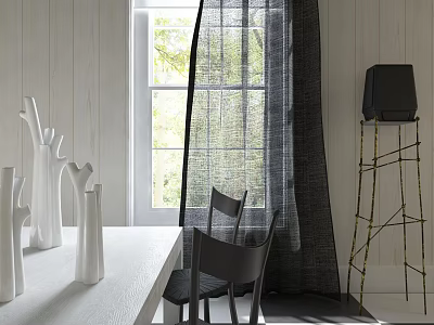 Modern Desk With White Vases Black Chairs Gray Curtains And Black Speaker On Metal Stand 3d model