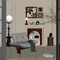 Classic Wooden Fireplace With Decorative Paintings Leather Chair And Table Lamp In Living Room