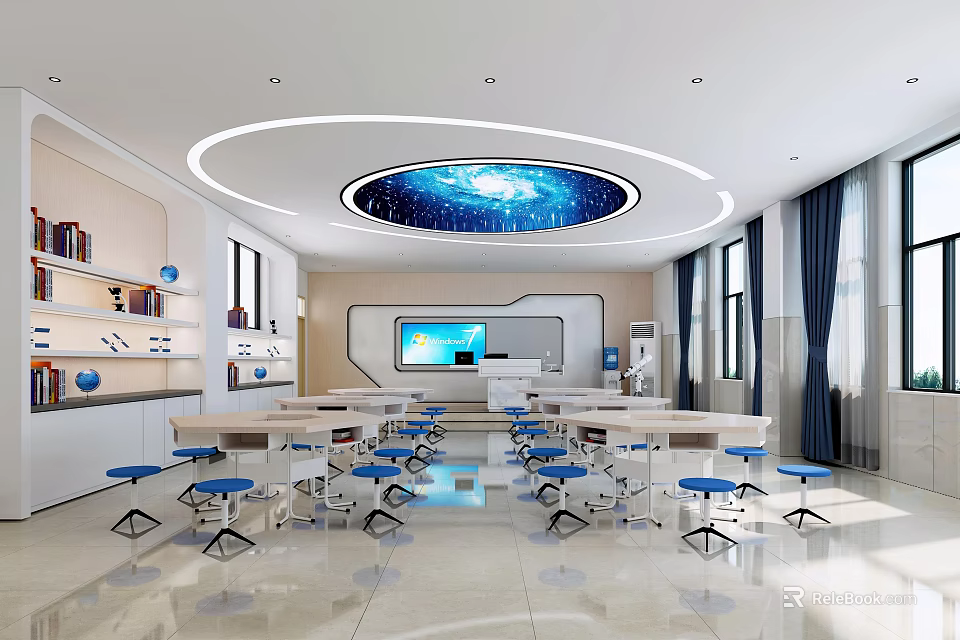School Modern Classroom Interior With Starry Ceiling And Tech Equipment 3d model 