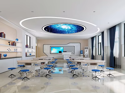 School Modern Classroom Interior With Starry Ceiling And Tech Equipment 3d model
