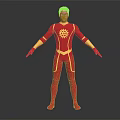 Superhero Character In Red Bodysuit With Golden Patterns Standing Arms Outstretched Dark Background