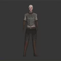 Gray Haired Woman In Metallic Armor Standing Against Gray Background With Futuristic Details