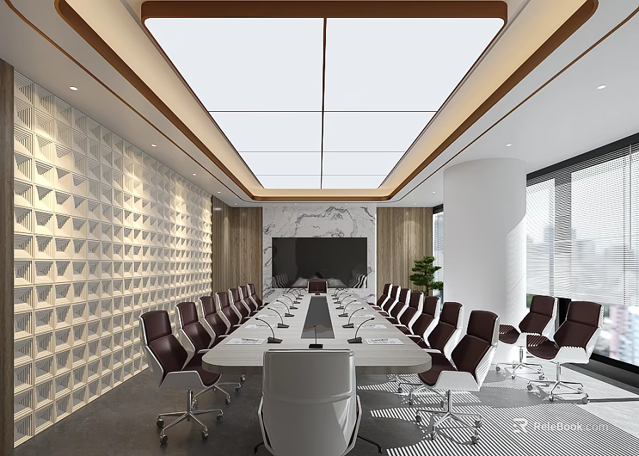 Modern Conference Room Interior With Long Table Geometric Wall Marble Backdrop And Large Windows 3d model 